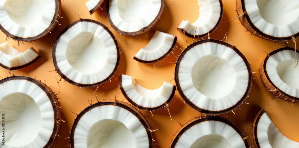 Sliced coconut meat displayed in artistic pattern, kitchen, summer Sliced coconut meat displayed in artistic pattern, kitchen, summer