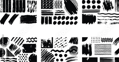 Set of Black and White Abstract Brush Strokes and Shapes