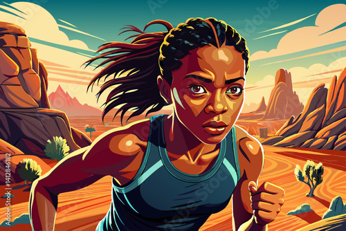 black girl cartoon portrait with fitness outdoor of running exercise, training and morning routine