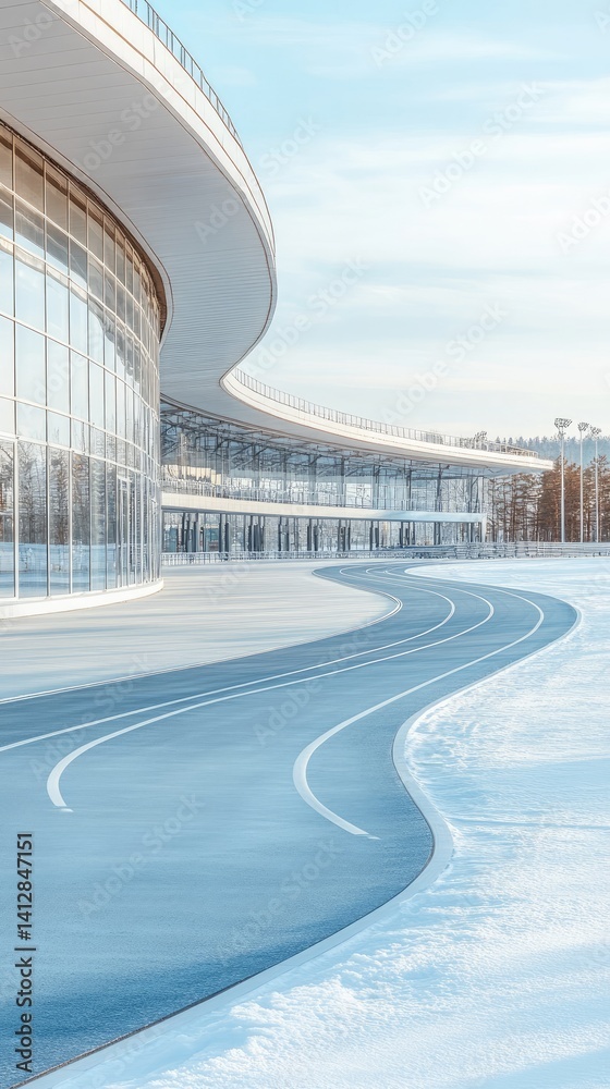 Fototapeta premium Sleek Modern Architectural Design of a Curved Building with Snow-Covered Pathways Under Clear Sky at Daylight