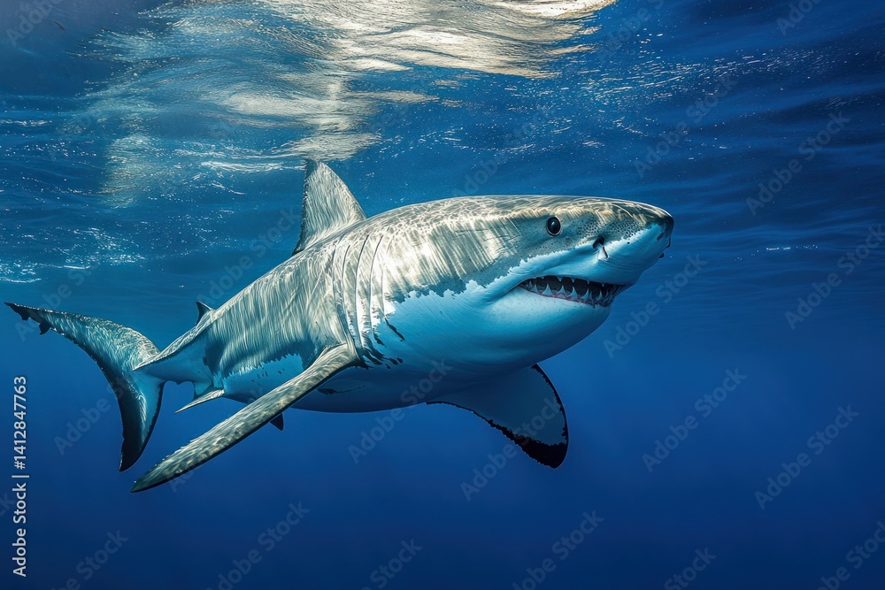Fototapeta premium Great white shark swimming underwater in deep blue ocean water.