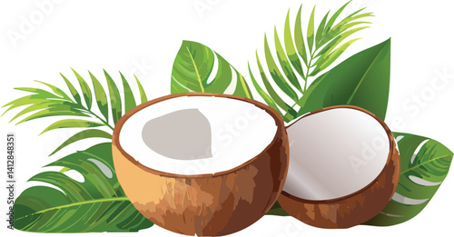 Coconut with Tropical Background Vector Isolated, Exotic Summer, Beach Vacation Refreshment, Vibrant Paradise Cocktail Illustration