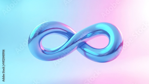Infinity Sign with glossy pearl and blue effect on a gradient pastel background. Shiny waves of smooth silver texture