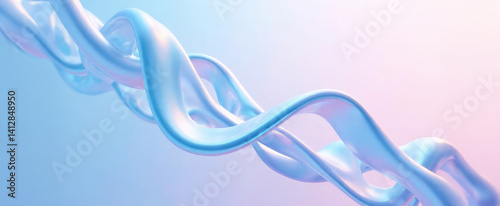 Abstract 3D shapes of intertwining waves in glossy pearl and blue effect on a gradient pastel background. Shiny waves of smooth silver texture