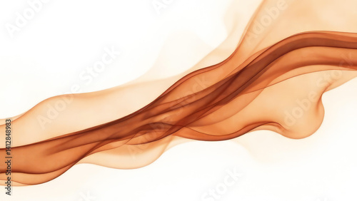 Abstract composition with smooth, translucent waves of dark brown smoke with soft, fluid look, with smooth curves and different opacity on white background