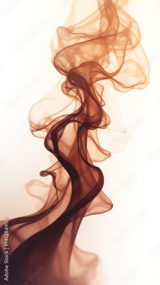 Abstract composition with smooth, translucent waves of dark brown smoke with soft, fluid look, with smooth curves and different opacity on white background Abstract composition with smooth, translucent waves of dark brown smoke with soft, fluid look, with smooth curves and different opacity on white background