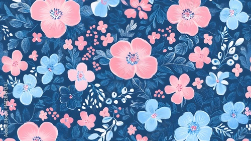 Seamless Pastel Floral Pattern Pink Blue Flowers Navy Background