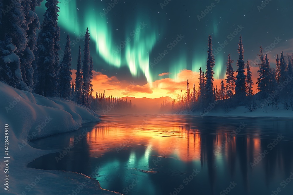 Majestic Northern Lights Display Over A Frozen Lake At Winter Landscape Majestic Northern Lights Display Over A Frozen Lake At Winter Landscape