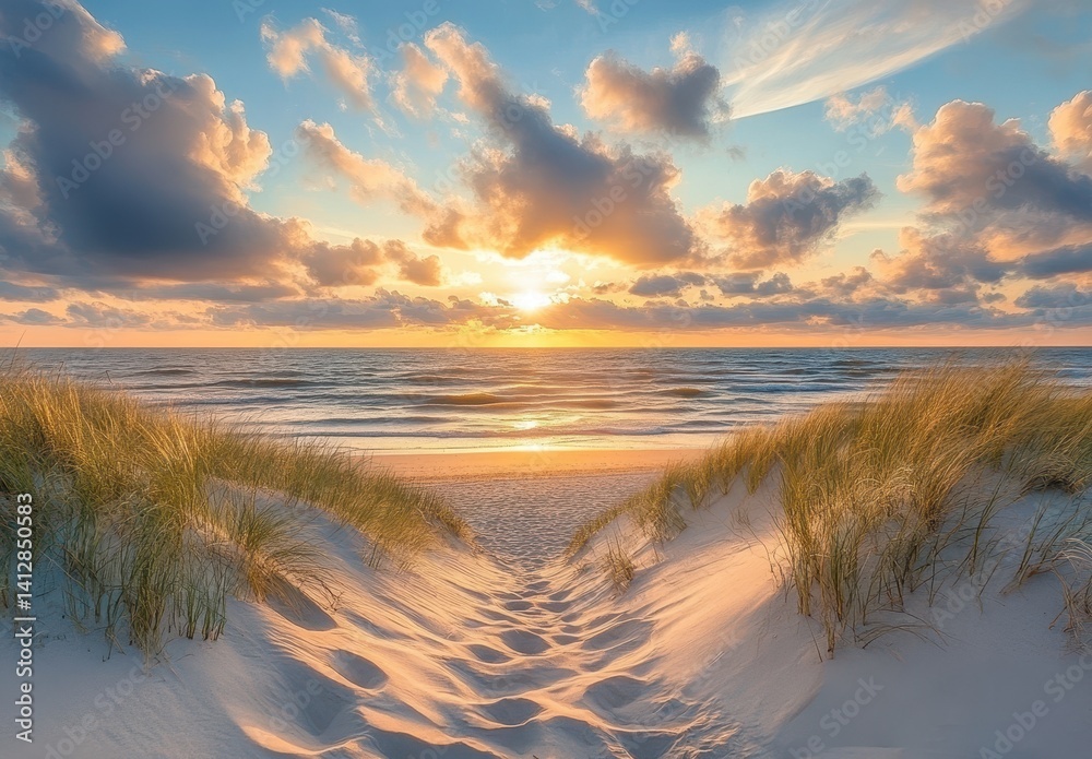 Tranquil Beach Sunset with Golden Sand Path and Soft Ocean Waves Under Dramatic Clouds and Warm Hues Tranquil Beach Sunset with Golden Sand Path and Soft Ocean Waves Under Dramatic Clouds and Warm Hues