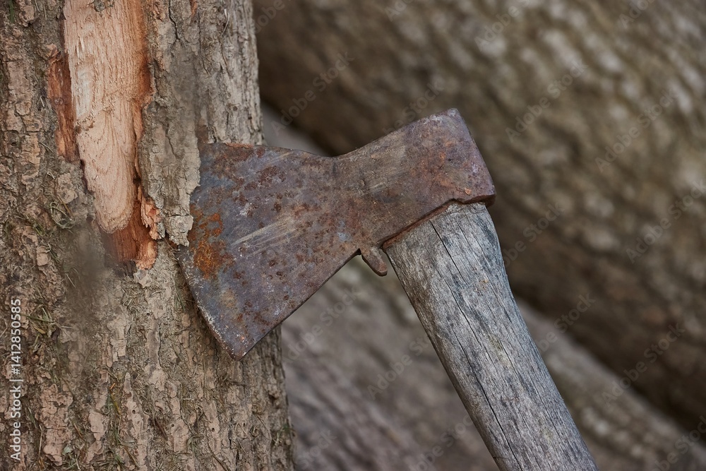 Ax in a log after cutting the bark while chopping wood