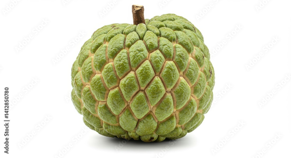 Single custard apple with a bumpy, scale-like green skin featuring a mix of pale and dark green tones Single custard apple with a bumpy, scale-like green skin featuring a mix of pale and dark green tones