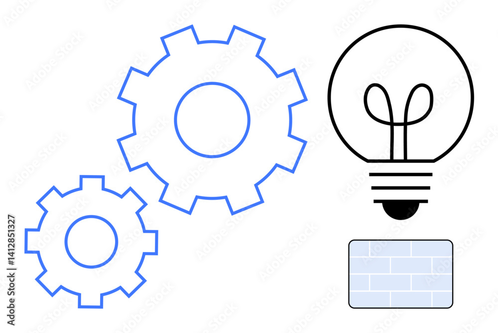 Two gears representing collaboration, lightbulb symbolizing ideas, and brick wall suggesting obstacles. Ideal for teamwork, brainstorming, creativity, problem-solving, innovation, engineering flat Two gears representing collaboration, lightbulb symbolizing ideas, and brick wall suggesting obstacles. Ideal for teamwork, brainstorming, creativity, problem-solving, innovation, engineering flat