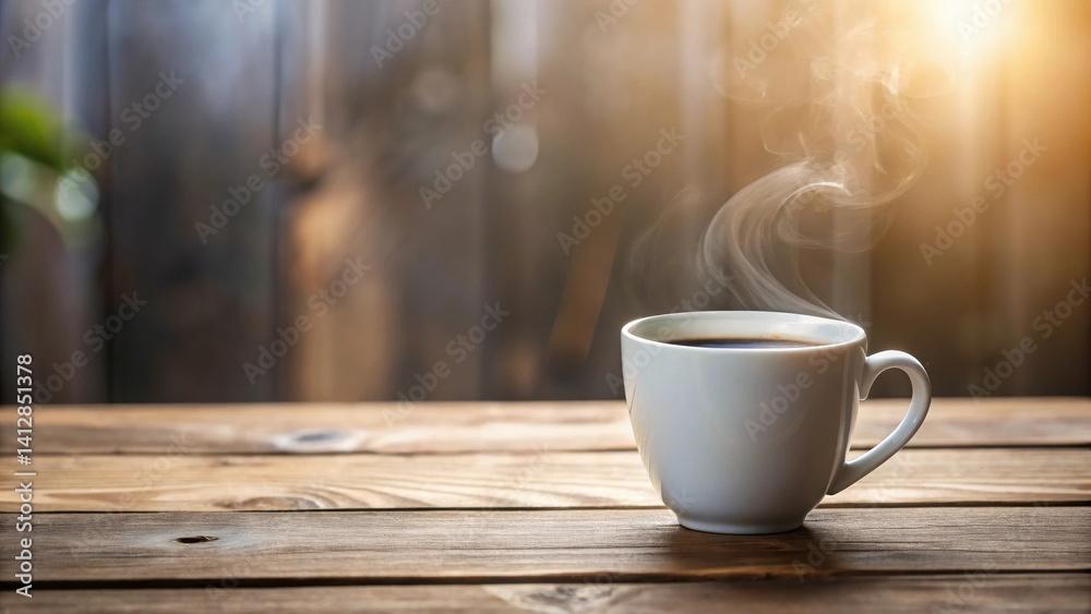Aromatic Steam Rising from a Warm Cup of Coffee on Rustic Wooden Table Aromatic Steam Rising from a Warm Cup of Coffee on Rustic Wooden Table