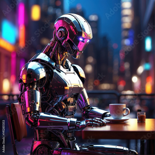 First view of an alone shiny metal robot enjoying a cup of tea sitting at a cafe table against a bright and colorful futuristic city, at night
