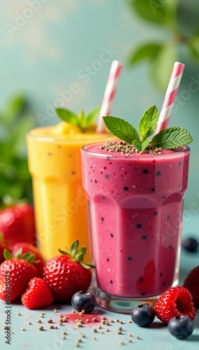 Variety of colorful fruit smoothies with chia seeds and mint garnish, mint, drink