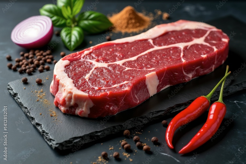 Meat raw steaks lie on a black background with vegetables, tomatoes, marasmade, mushrooms. background image. side view, copy space, top view Meat raw steaks lie on a black background with vegetables, tomatoes, marasmade, mushrooms. background image. side view, copy space, top view