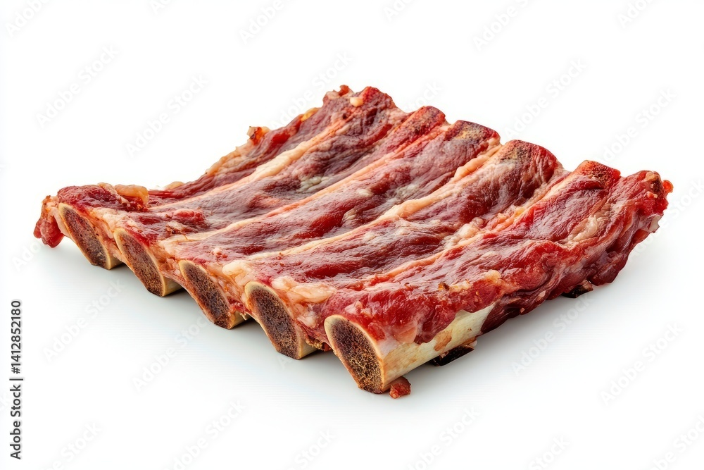 Angled view of raw beef ribs with bone exposed and rich red color isolated on white background color, photorealistic accuracy, good composition, high resolution Angled view of raw beef ribs with bone exposed and rich red color isolated on white background color, photorealistic accuracy, good composition, high resolution