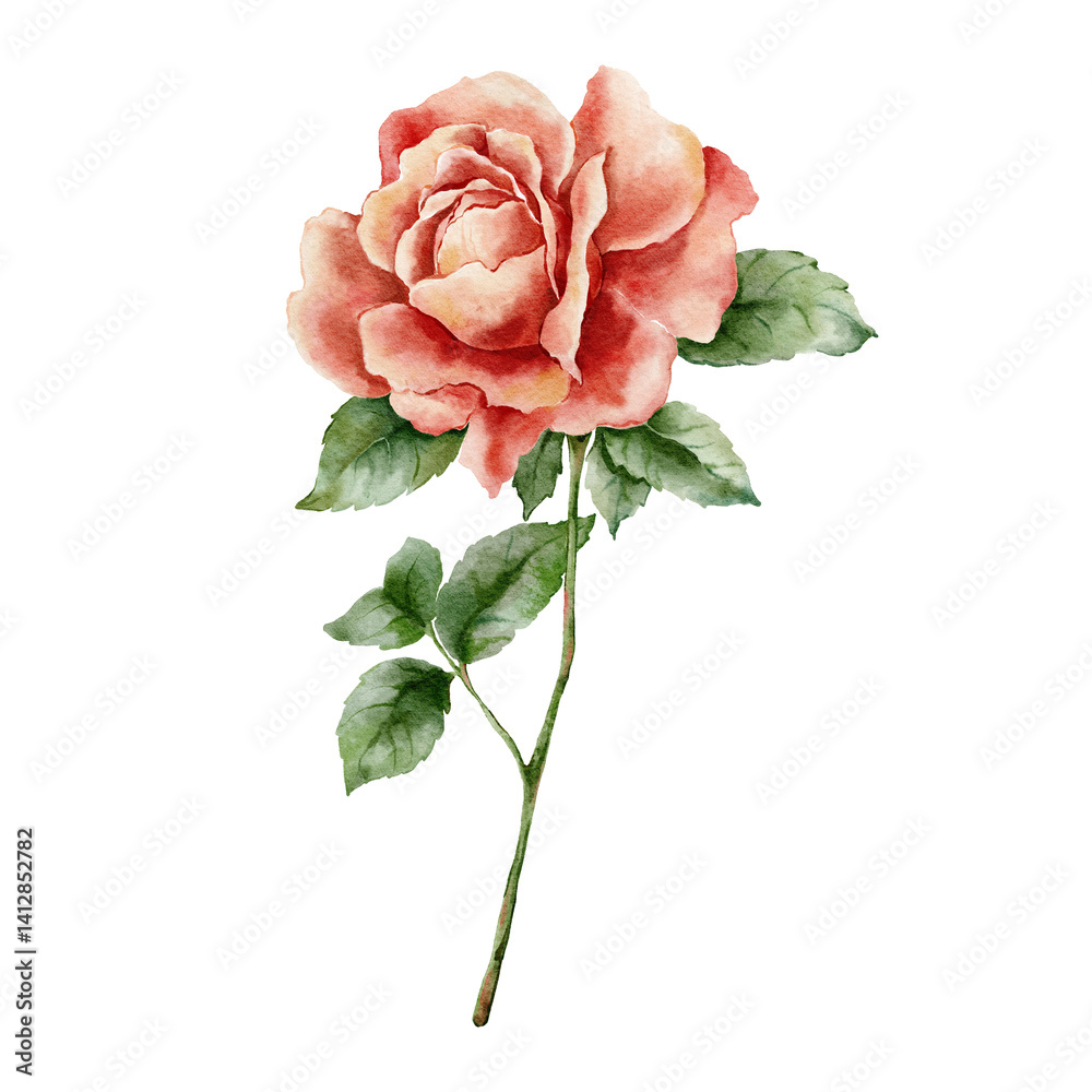 Fototapeta premium Hand-painted watercolor illustration of a pink rose with stem and green leaves. Elegant botanical flower perfect for wedding designs, invitations, prints, and romantic projects.