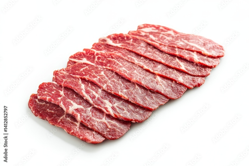 Close-up view of thinly sliced beef carpaccio with marbled fat patterns isolated on white background color, photorealistic accuracy, good composition, high resolution Close-up view of thinly sliced beef carpaccio with marbled fat patterns isolated on white background color, photorealistic accuracy, good composition, high resolution
