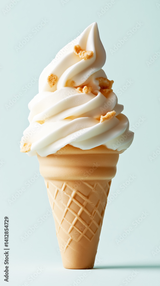Close Up Of Vanilla Soft Serve Ice Cream In A Waffle Cone Against A Mint Green Background Close Up Of Vanilla Soft Serve Ice Cream In A Waffle Cone Against A Mint Green Background