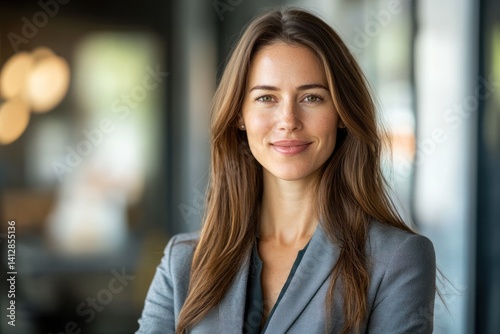 Wallpaper Mural Woman in business attire smiles in an office setting with blurred background. Torontodigital.ca