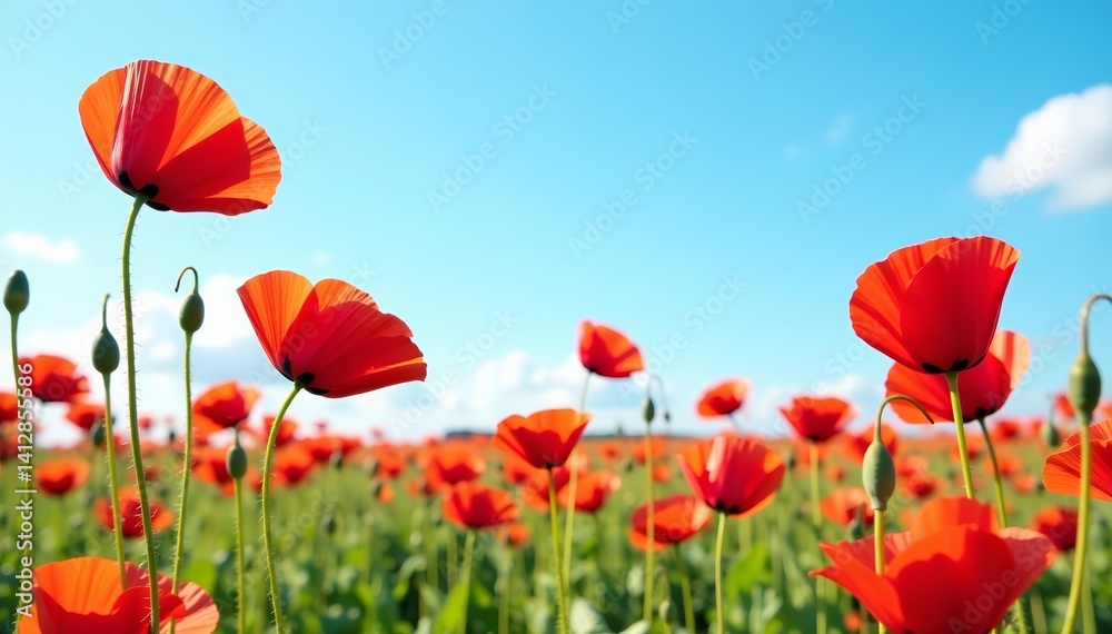 Vibrant red poppies dancing in the wind under clear blue skies, vibrant, nature Vibrant red poppies dancing in the wind under clear blue skies, vibrant, nature