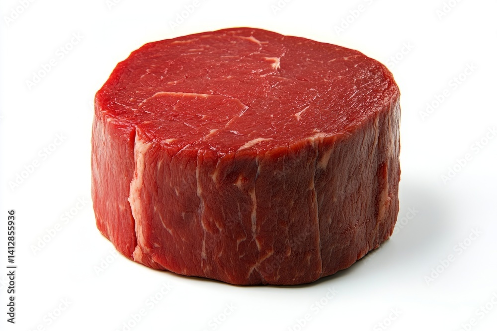 Angled view of raw beef tenderloin with rich texture and vibrant color isolated on white background color, photorealistic accuracy, good composition, high resolution