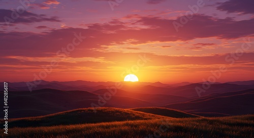 Sunset Over Rolling Hills Landscape with Vibrant Sky Colors