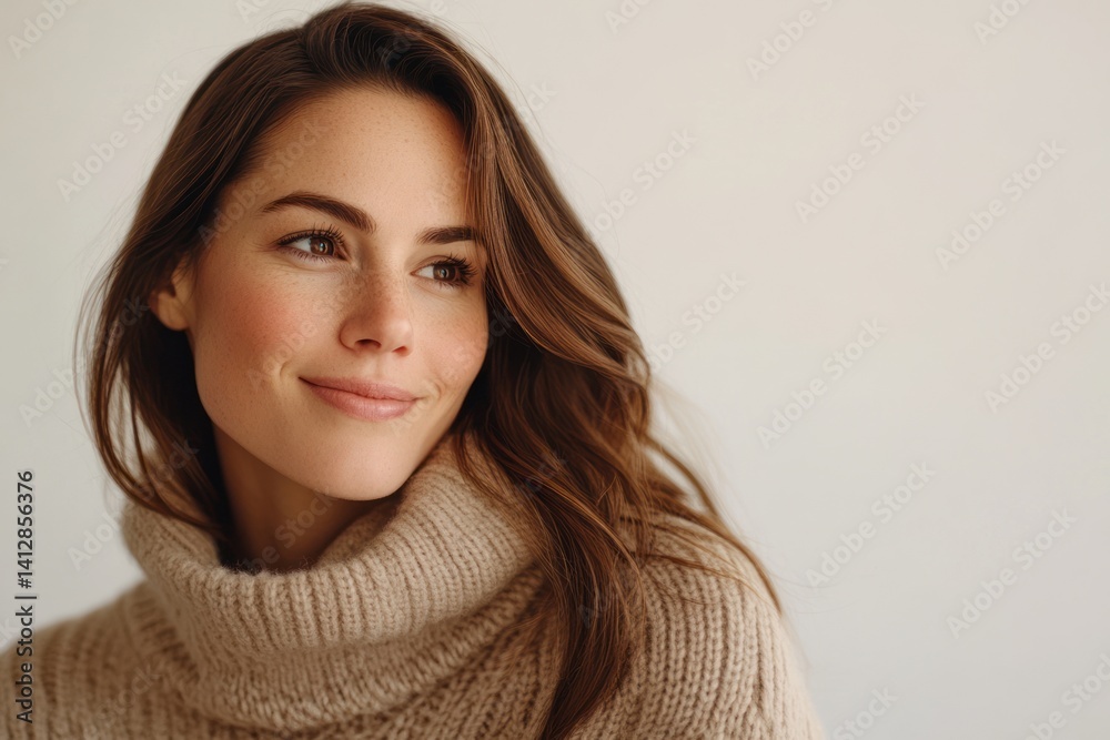 Woman with brown hair wearing a turtleneck sweater looking to the side. Woman with brown hair wearing a turtleneck sweater looking to the side.