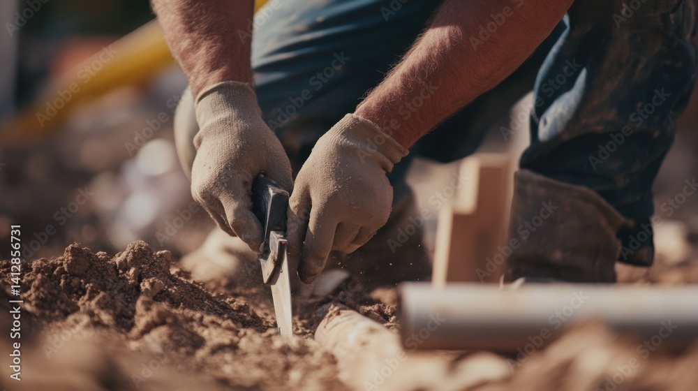Construction worker cutting pipes at a building site. Featuring skill and safety Construction worker cutting pipes at a building site. Featuring skill and safety