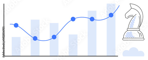 Bar graph with growth trendline and chess knight icon highlighting strategy, analysis, and decision-making. Ideal for business strategy, analytics, leadership, growth, planning, investment success