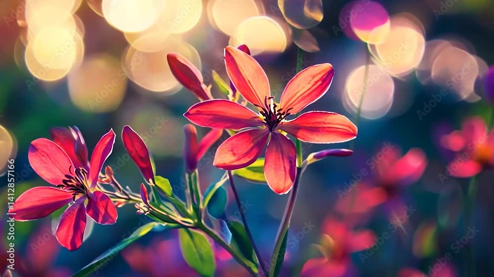 Vibrant pink flowers bloom in a lush garden, surrounded by soft, colorful bokeh lights Vibrant pink flowers bloom in a lush garden, surrounded by soft, colorful bokeh lights