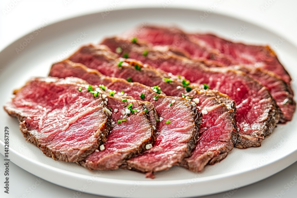 Close-up of thinly sliced roast beef with pink center, arranged on a white plate with horseradish sauce clean and professional composition, copy space, natural color, minimalism, stock photography Close-up of thinly sliced roast beef with pink center, arranged on a white plate with horseradish sauce clean and professional composition, copy space, natural color, minimalism, stock photography