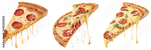  Set of a slice of pizza with cheese and pepperoni isolated on a transparent background