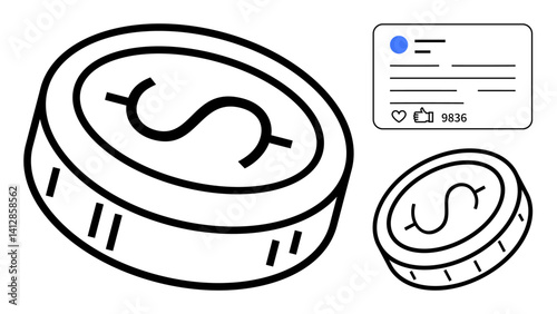 Coin with dollar sign paired with a social media post, thumbs ups, and comments. Ideal for finance, e-commerce, social media, online marketing, fintech, digital currency simple landing page