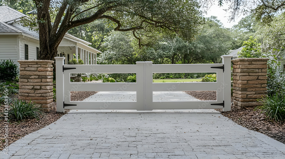 Fototapeta premium White Double Gate With Stone Pillars In A Modern Home Exterior Design
