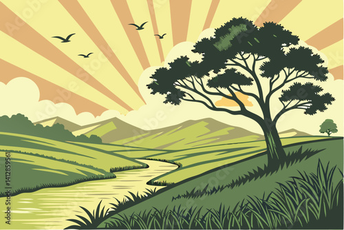 26 Serene landscape, lush green fields, lone tree by river, distant mountains, vibrant sunset, rays of sunlight, fluffy white clouds, birds flying, peaceful countryside, digital art style, rich colors
