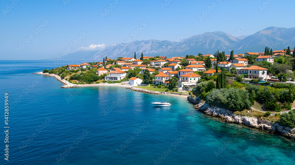 Fototapeta premium Coastal Village With Turquoise Water And Red Tile Roofs
