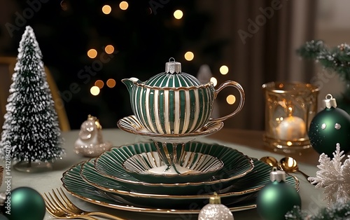 Elegant Green Christmas Teapot Festive Table Setting