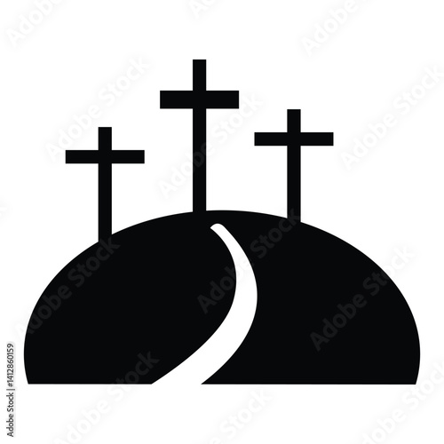 Black silhouette of a religious cross, a Christian symbol against the blue sky, evokes faith and spirituality