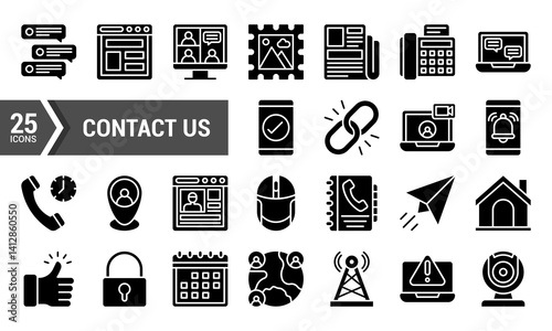 25 Black Glyph Icons for Contact Us Website and App Design.