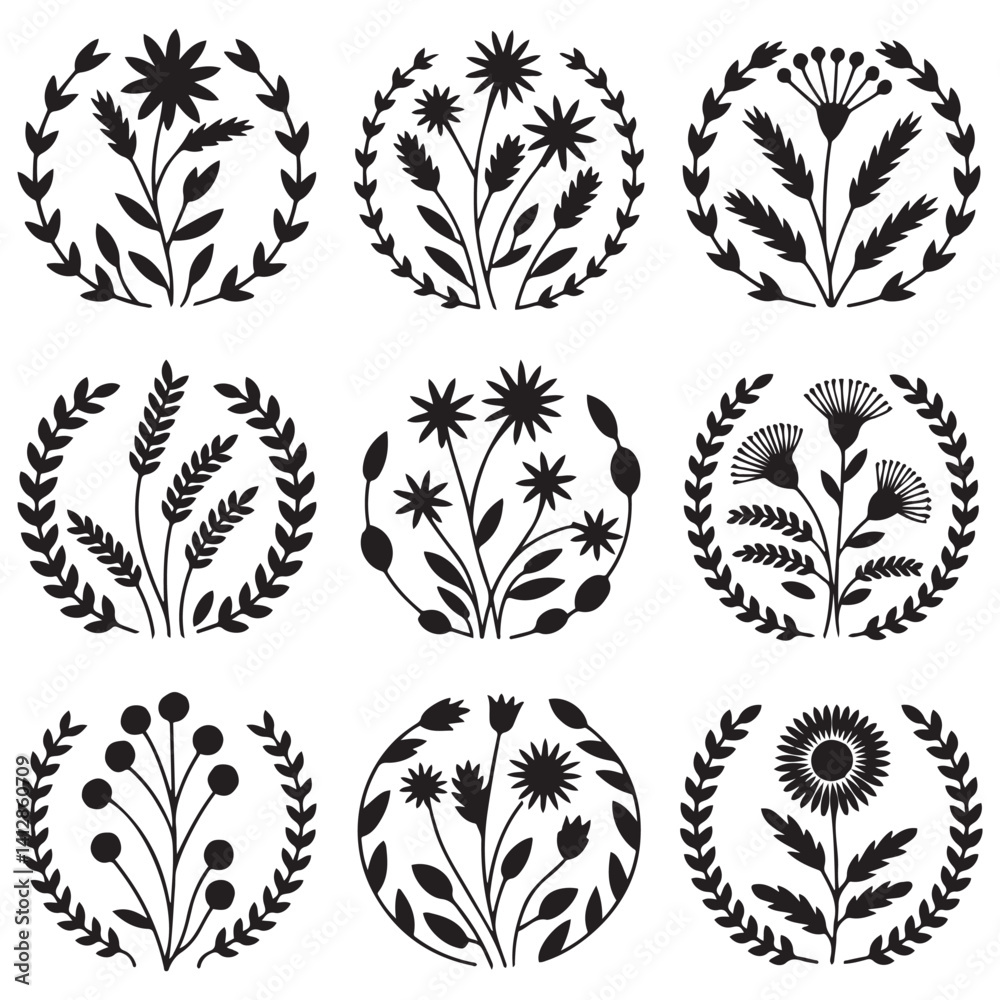 Set of circle floral frame with black silhouettes of meadow herbs. Floral wreaths. Element design. Vector illustration. with white background Set of circle floral frame with black silhouettes of meadow herbs. Floral wreaths. Element design. Vector illustration. with white background