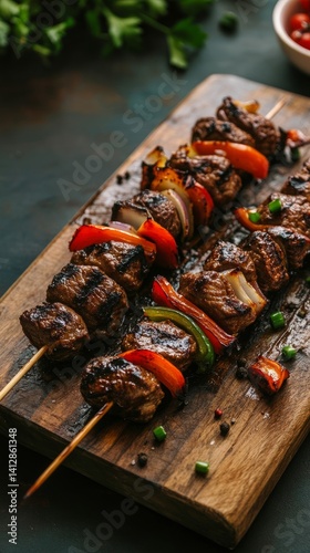Angled view of grilled beef kebabs with bell peppers and onions, served on a rustic wooden cutting board clean and professional composition, copy space, natural color, minimalism, stock photography