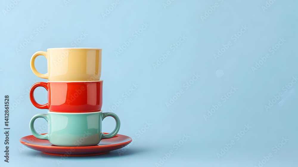 Fototapeta premium Stacked Colorful Cups On Light Blue Background