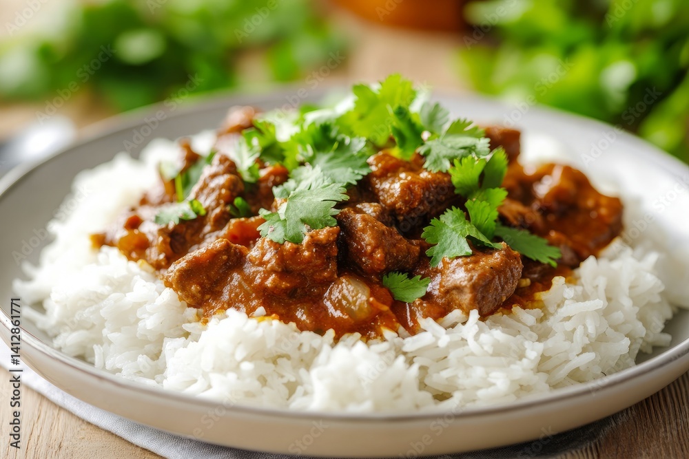 Close-up of a plate of beef curry with steamed rice, garnished with fresh cilantro clean and professional composition, copy space, natural color, minimalism, stock photography Close-up of a plate of beef curry with steamed rice, garnished with fresh cilantro clean and professional composition, copy space, natural color, minimalism, stock photography