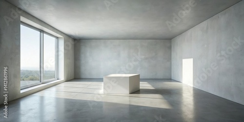 Empty room with a white cube, sunlight streaming through a large window, minimalist interior design