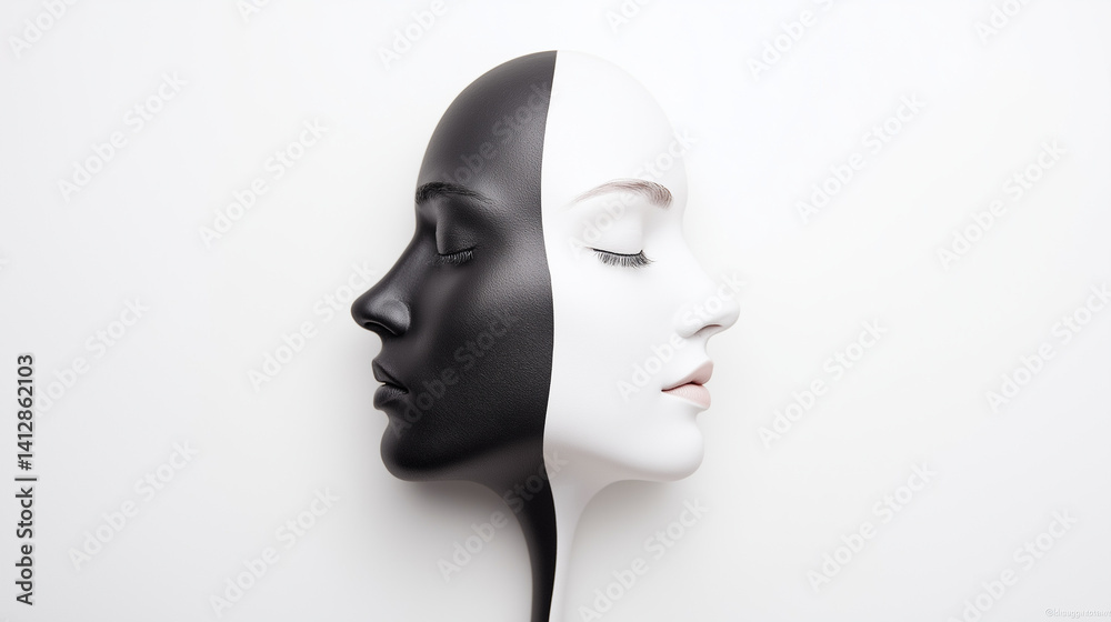 Mannequin head split between monochrome hues, revealing stark contrast between light and dark, representing psychological complexity and inner tension Mannequin head split between monochrome hues, revealing stark contrast between light and dark, representing psychological complexity and inner tension
