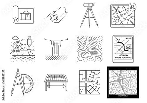 Construction infrastructure highway blueprint concept. Line drawings of construction and planning tools and maps.