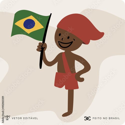 Saci Pererê. Fantastic Creature of Brazilian Folklore with flag. Brazilian Vector. Brazilian legends and tales.