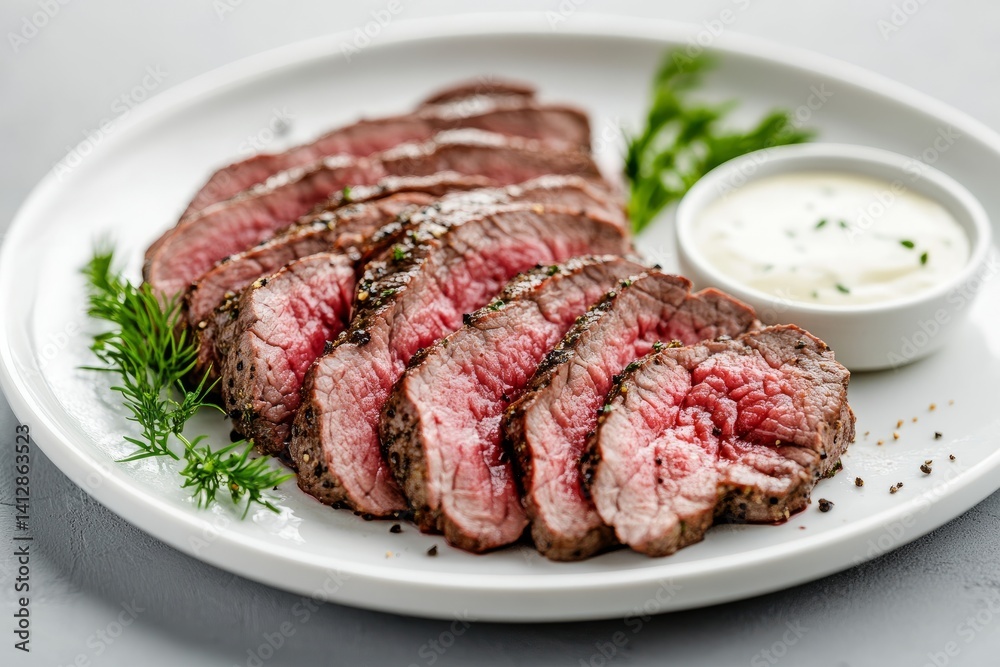Close-up of thinly sliced roast beef with pink center, arranged on a white plate with horseradish sauce clean and professional composition, copy space, natural color, minimalism, stock photography Close-up of thinly sliced roast beef with pink center, arranged on a white plate with horseradish sauce clean and professional composition, copy space, natural color, minimalism, stock photography
